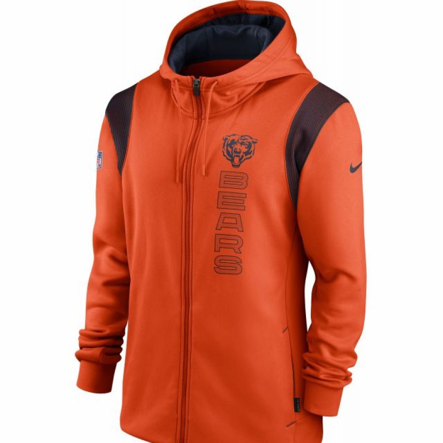 * Fitness Tops | Nike Men'S Chicago Bears Sideline Therma-Fit Full-Zip Orange Hoodie